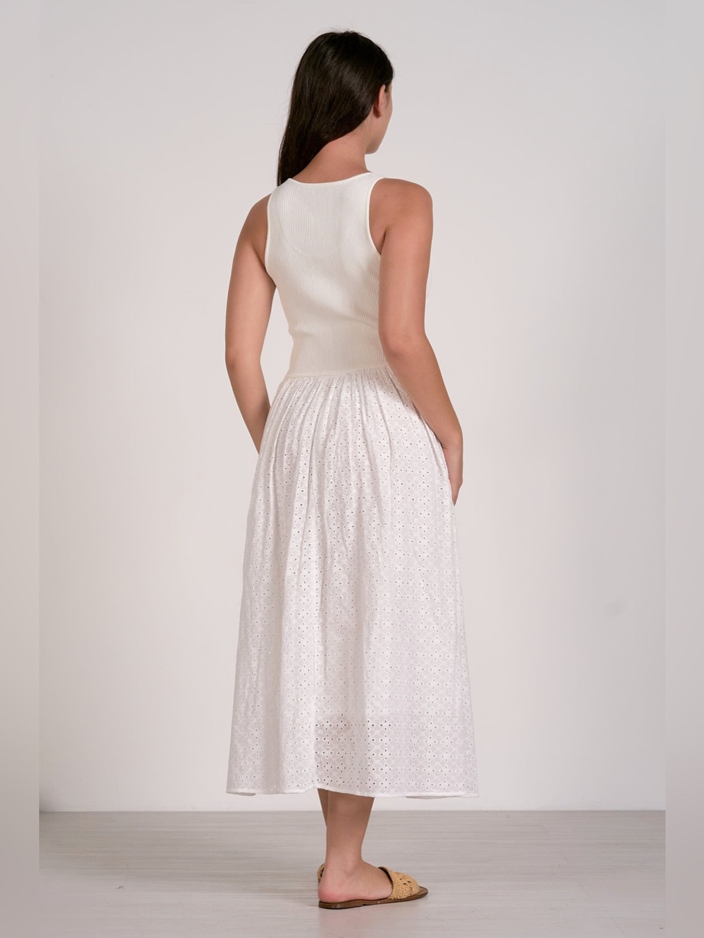White Eyelet Midi Dress | Sleeveless Cotton Summer Dress with Pockets - Picture 5 of 7